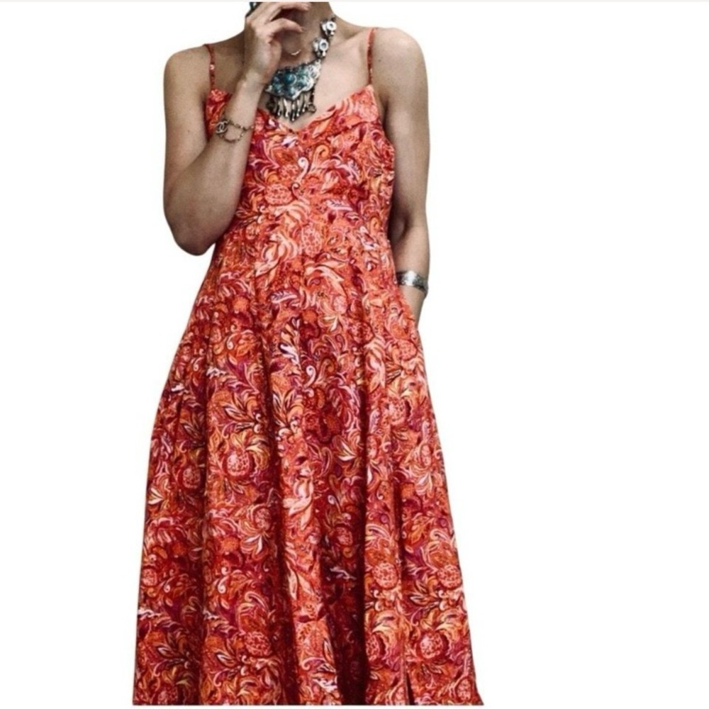 Jason Wu size XS Red Orange Fit & Flare‎ Midi Sundress Linen Blend Lined Dress